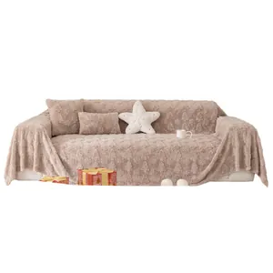 Plush Christmas-themed sofa cover set with snowflake texture and star cushions