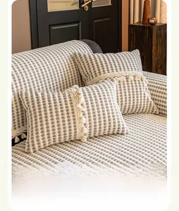 Detail of striped sofa cover with fringe edges and matching textured cushions