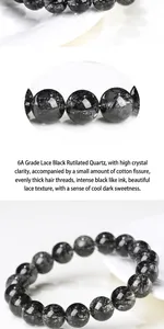 Macro shot showing high clarity natural black rutilated quartz beads with needle inclusions