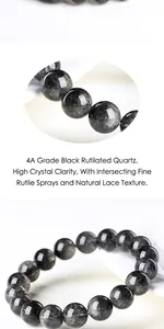 Macro detail of natural black rutilated quartz beads showing dense needle-like inclusions