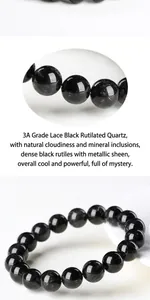 Macro detail of 3A grade black rutilated quartz beads with natural hair-like inclusions