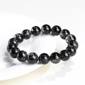 Natural 7A Black Rutilated Quartz beaded bracelet featuring high-gloss polished round beads
