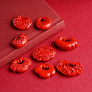 Traditional cinnabar red peace lock pendant with carved fortune and longevity patterns