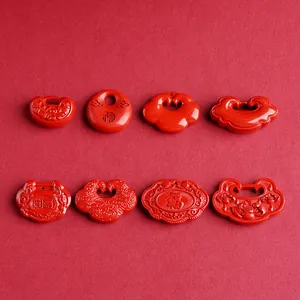 Natural cinnabar red safety lock pendants set with traditional Chinese patterns