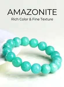 Detail of natural amazonite beaded bracelet showing smooth mineral texture on a ceramic plate