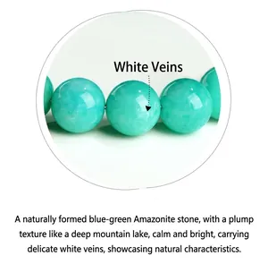 Close-up of blue-green amazonite beads showing detailed white natural stone textures