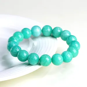 Natural amazonite round bead bracelet with smooth lake green finish and mineral texture