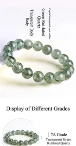 Macro detail of 7A grade natural green rutilated quartz beads with clear needle inclusions
