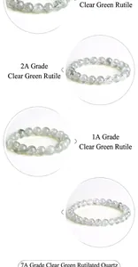 Detailed quality comparison of transparent green rutilated quartz beads from 1A to 7A grade