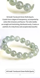 Macro detail of 4A and 5A grade green rutilated quartz beads with needle inclusions