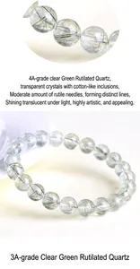Macro detail of transparent natural green rutilated quartz beads showing needle inclusions