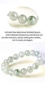 Macro shot of 1A grade clear green rutilated quartz beads showing needle inclusions