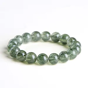 Natural Green Rutilated Quartz round bead bracelet with clear crystal and hair-like needles
