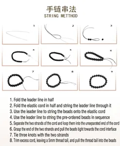 Step-by-step DIY guide for stringing black beads onto an elastic cord for bracelets