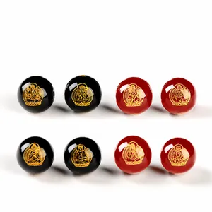 Perle Sfuse in Agata Con Figure di Guardiani Buddisti Stampate in Oro Pietra Tonda Lucida Per Bracciale Fai da Te Collana Gioielli Religiosi
