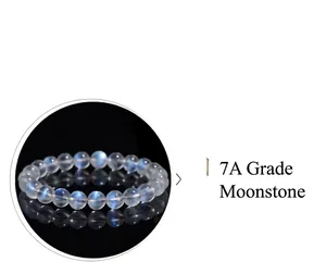 Close-up of 7A grade natural moonstone bracelet beads with vibrant blue light flashes