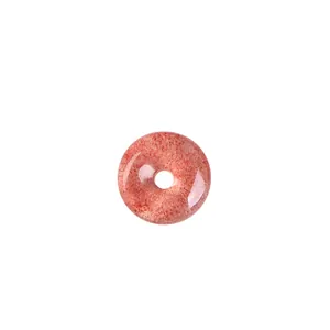 Natural strawberry quartz pi disc pendant with authentic fiber texture on white background
