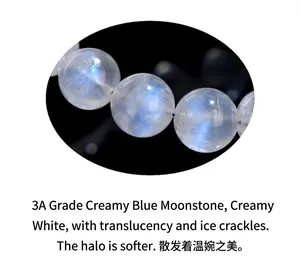 Macro shot of 3A blue moonstone beads showing milky white crystal with blue sheen