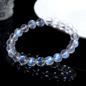 Natural blue moonstone beaded bracelet featuring high-quality glowing blue sheen