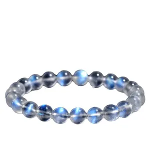 Natural blue moonstone beaded bracelet with translucent milky white gemstones