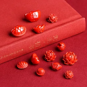 Red cinnabar carved charms set including ingot lotus and tortoise shell for DIY jewelry