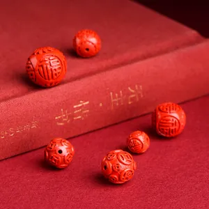 Natural cinnabar round beads with engraved Fu character and copper coin patterns for DIY