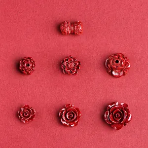 Deep red cinnabar lotus and flower carved beads for handmade jewelry DIY bracelets
