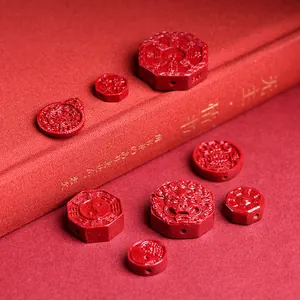 Perles sculptées en cinabre rouge avec motifs Tai Chi Bagua pour création de bracelets