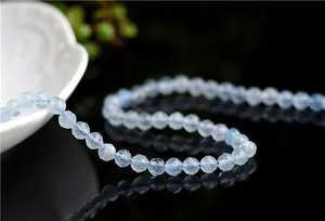 Close-up of faceted natural aquamarine beads with clear light blue ice-texture finish
