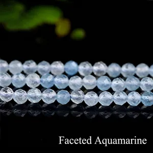 Natural Aquamarine Faceted Round Beads Polished Light Blue Loose Gemstone Spacer Beads For DIY Jewelry Making Necklaces Bracelets Crafts Accessory
