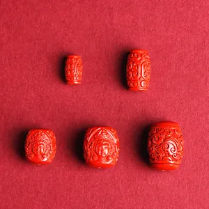 Traditional Carved Cinnabar Barrel Beads Dragon Peony Pattern Red Cinnabar DIY Jewelry Making Accessories For Bracelets Necklace