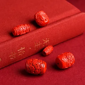 Carved red cinnabar beads with traditional dragon and cloud motifs for DIY jewelry making