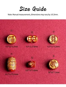 Detailed size chart for red cinnabar beads with gold prosperity motifs and symbols