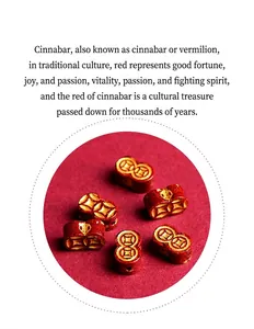Macro detail of cinnabar spacer bead with golden coin engraving and auspicious pattern