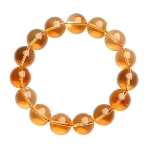 Natural Brazil yellow citrine beaded bracelet with 15 translucent orange round crystal beads