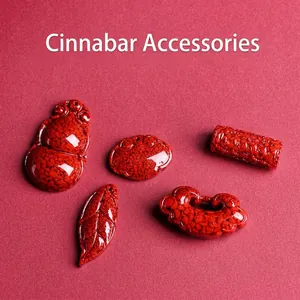 Natural Cinnabar Pendant Traditional Chinese Carved Gourd Leaf Ru Yi Lock Charm For DIY Jewelry Making Necklace Accessories