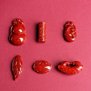 Set of 6 vermillion cinnabar pendants featuring Ruyi lock, gourd, and leaf shapes