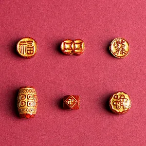 Antique style cinnabar beads with gold embossed auspicious patterns for DIY jewelry