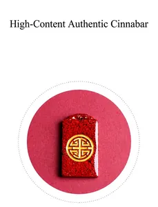 Macro view of Cinnabar Ping An tag pendant with golden Chinese auspicious symbol
