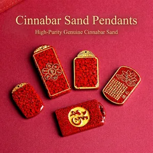 Traditional Chinese Cinnabar Pendant Gold Plated Alloy Border Heart Sutra Lotus Fu Character Religious Amulet Jewelry