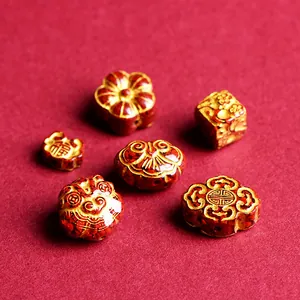 Traditional Chinese Style Red Cinnabar Spacer Beads Gold Gilded Fortune Lock Plum Blossom Charms For Jewelry Making Handcrafted Accessories