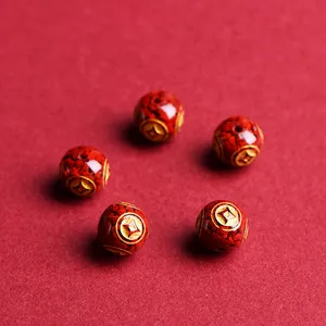 Red cinnabar round beads with golden coin patterns for DIY jewelry making