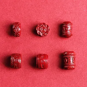 Natural Cinnabar Carved Loose Beads For DIY Jewelry Making Lotus Mantra Barrel Spacer Beads Ethnic Style Red Cinnabar Beads For Bracelet Necklace Findings