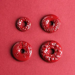 Natural Cinnabar Ping'an Kou Pendant Lotus Dragon Carved Charm For Jewelry Making Chinese Style Red Round Pendant For Necklace