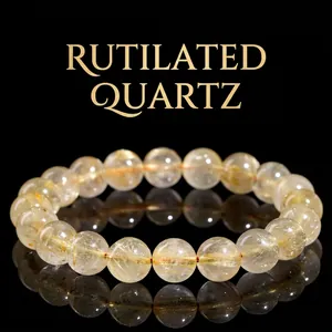 Natural Golden Rutilated Quartz Round Bead Bracelet For Men Women Healing Crystal Jewelry High Clarity Hair Quartz Gemstone Stretch Bracelet Gift