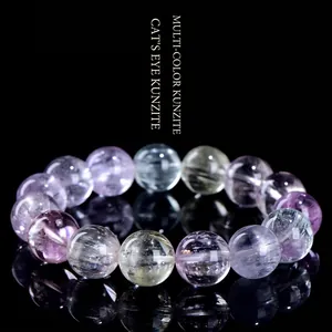 Natural Colorful Kunzite Spodumene Bracelet For Women Men 7A Grade Silk Cat's Eye Round Bead Crystal Jewelry Gift