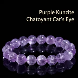Natürlicher Kunzit Katzenauge Perlenarmband 6A 7A Lila Seidentextur Spodumen Kristall Rundperlen Armband Schmuck Für Damen Herren