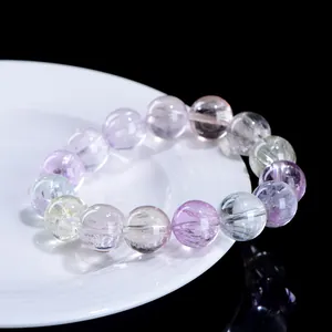 7A Natural Cat Eye Kunzite Crystal Bracelet with Translucent Colorful Round Beads