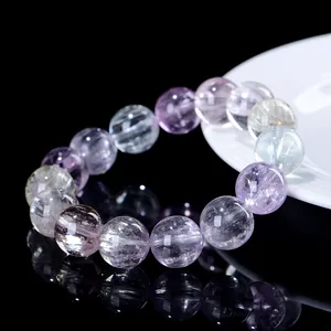 7A Natural Cat Eye Kunzite bracelet with colorful crystal beads on black background