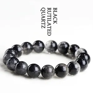 Pulsera de Cuarzo Rutilado Negro Natural para Hombres Mujeres Patrón de Cornucopia Cuenta Redonda Piedra de Energía Curativa Pulsera Elástica